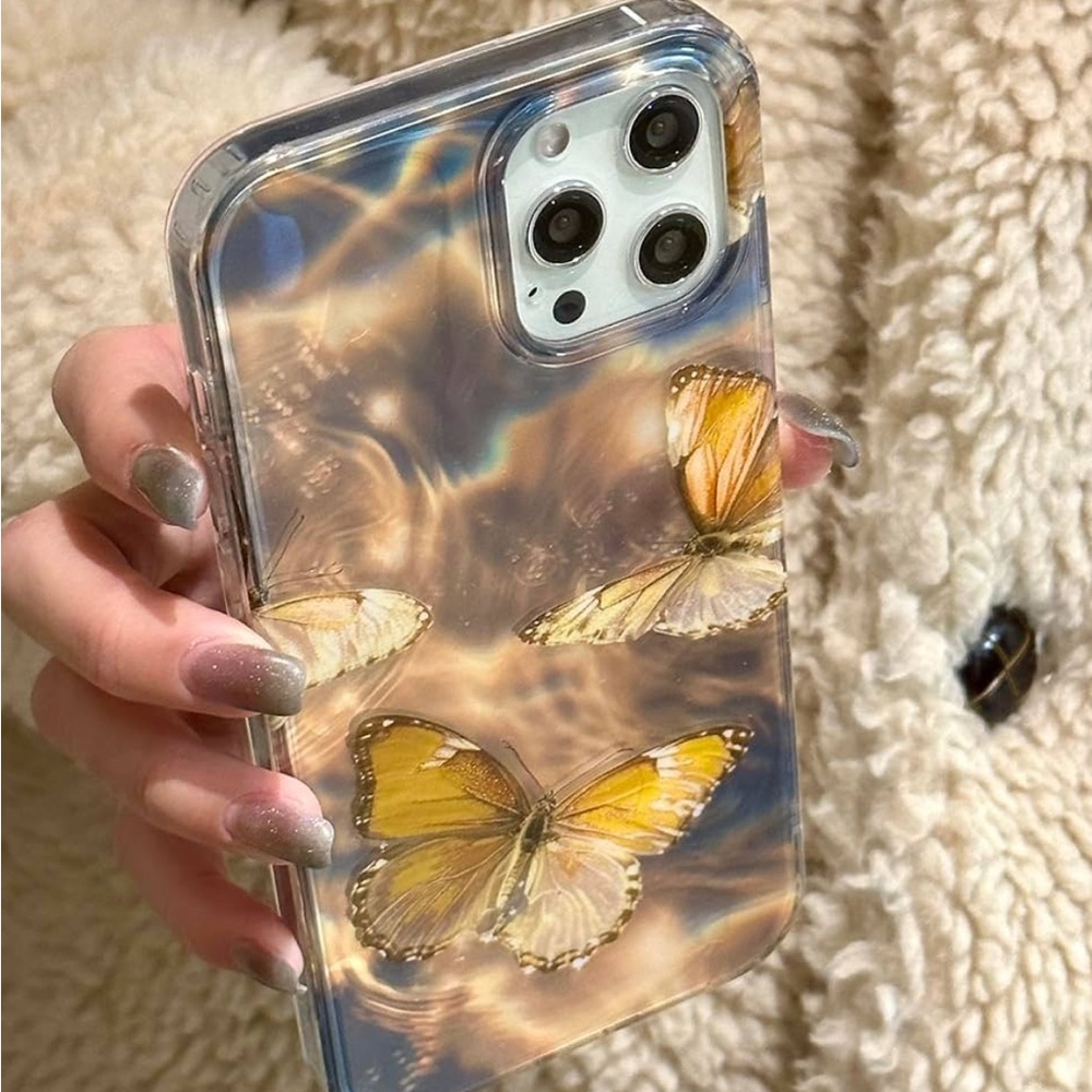 iPhone 14 Pro Max Butterfly Glitter Case – Gold Water Ripple Sparkle